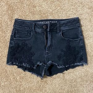 American Eagle Black Denim Shorts with Lace Crochet Doily Embroidery On Front